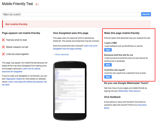 Google mobile-friendly tool results screenshot